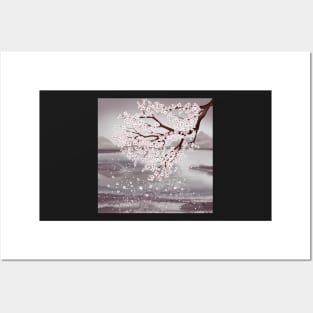 Cherry blossom branch. Water landscape watercolor illustration. Sakura flowers spring scenery Posters and Art